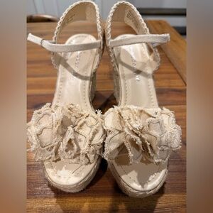 Madden Girl Woven Canvas Flower Platform Sandals - Beige